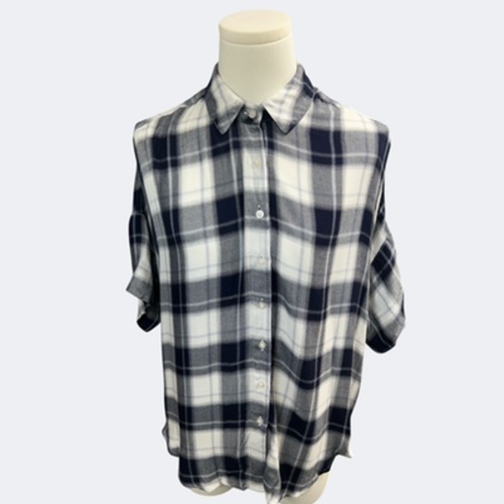 Cosmic Blue Love Shirt Women S Navy Blue White Plaid Button Up Sleeve Blouse Top